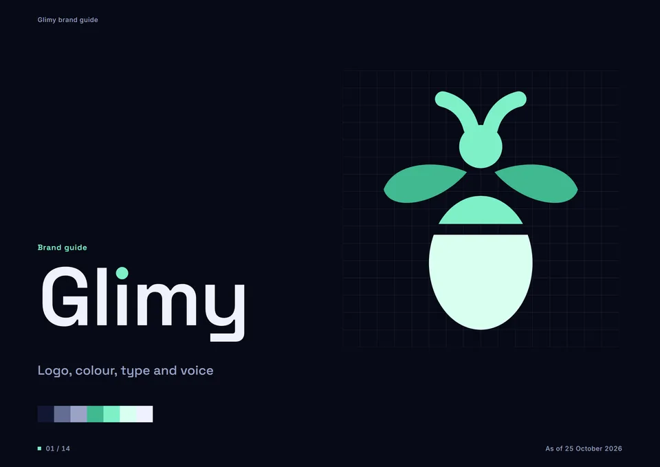 Cover of the Glimy brand guide: the Glimy wordmark and the firefly on a fine grid.