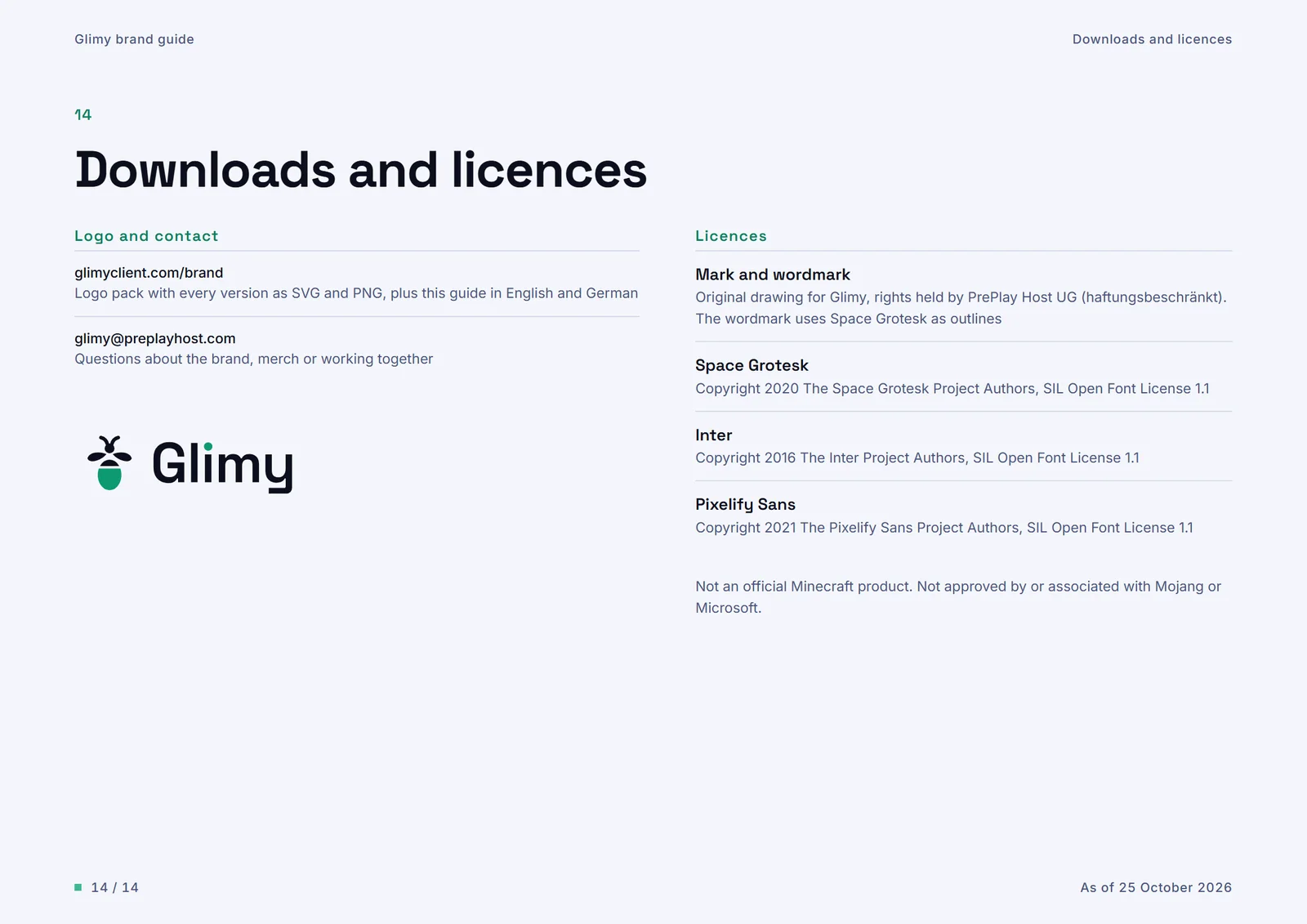 Page 14: Downloads and licences