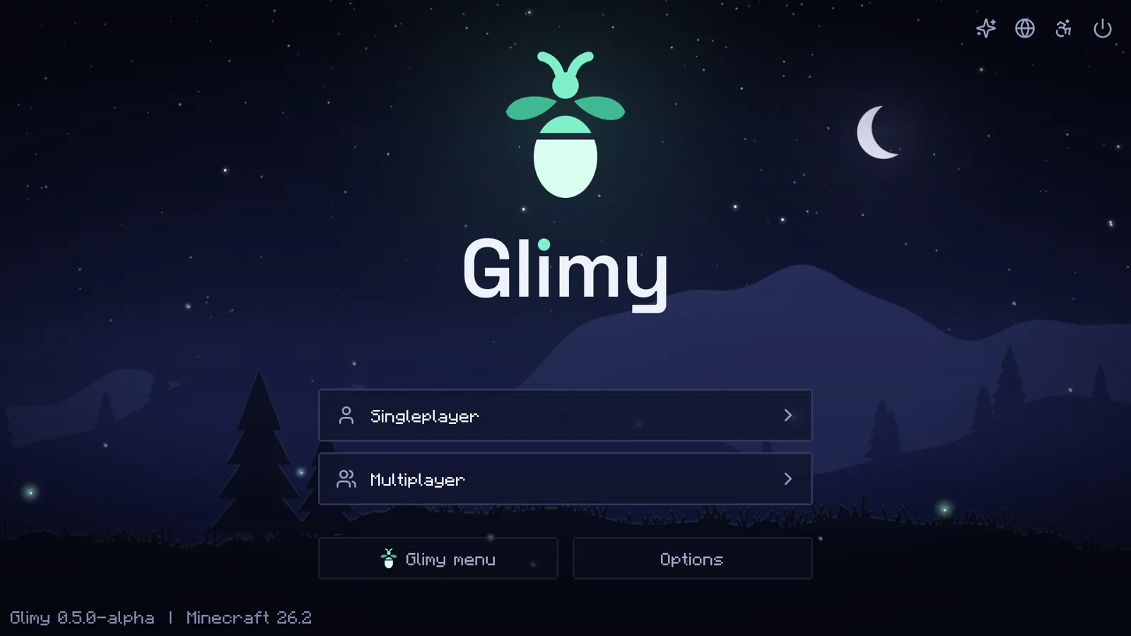 Glimy title screen: a night landscape with stars, moon, hills, fir trees and fireflies. In the middle the Glimy logo, below it the buttons Singleplayer, Multiplayer, Glimy menu and Options.