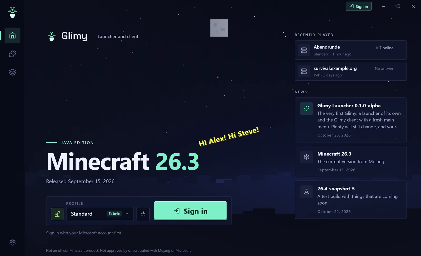 Home screen of the Glimy launcher: profile “Standard” with Fabric, a “Sign in” button, recently played servers and news on the right.