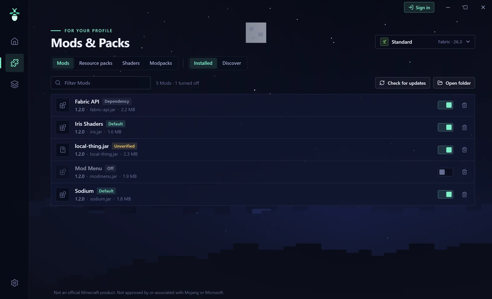 “Mods & Packs” page with installed mods, switches to turn them on and off and a “Check for updates” button.