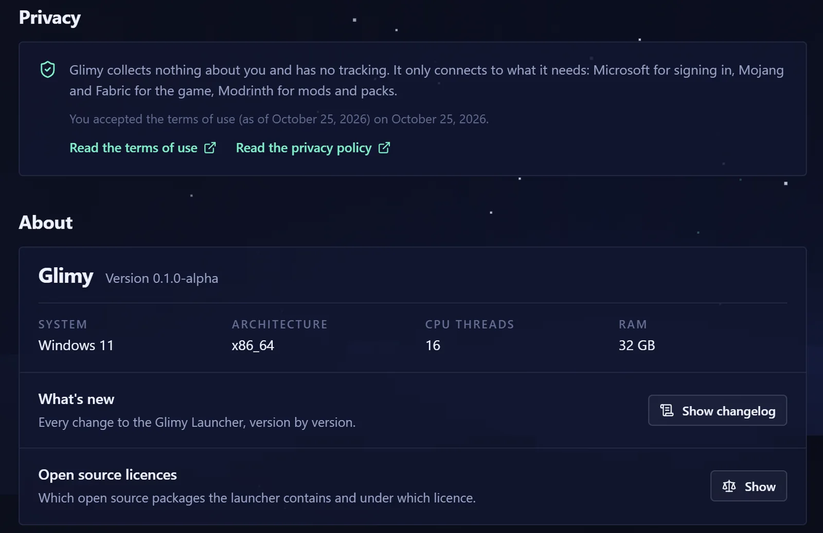 Settings, privacy section: Glimy collects nothing and only connects to Microsoft, Mojang, Fabric and Modrinth.