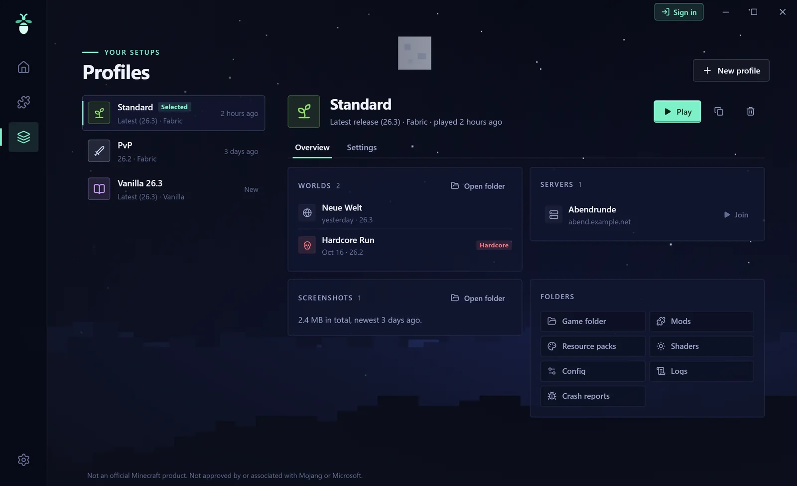 Profiles page: a list of three profiles, on the right the worlds, servers, screenshots and folders of the selected profile.